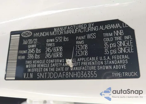 2022 Hyundai Santa Cruz Sel Premium z USA, uszkodzony, nr VIN 5NTJDDAF8NH036355